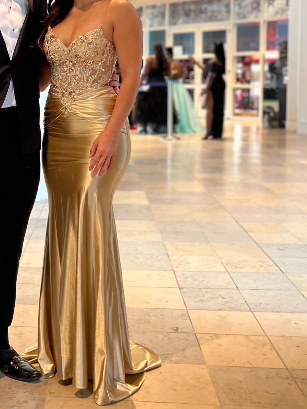 Strapless Gold Satin Evening Dress with Embellished Bodice